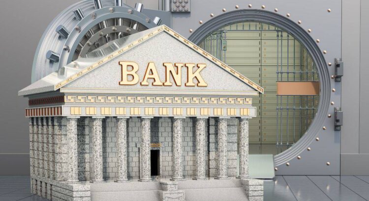a bank with an image of a vault behind it
